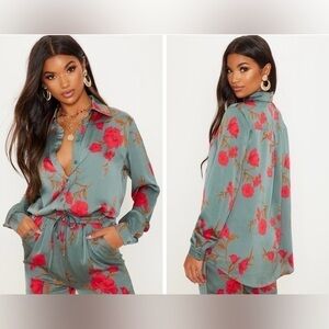 PRETTY LITTLE THINGS GREEN FLORAL OVERSIZED SHIRT/CIGARETTE TROUSERS US 8 BNWT